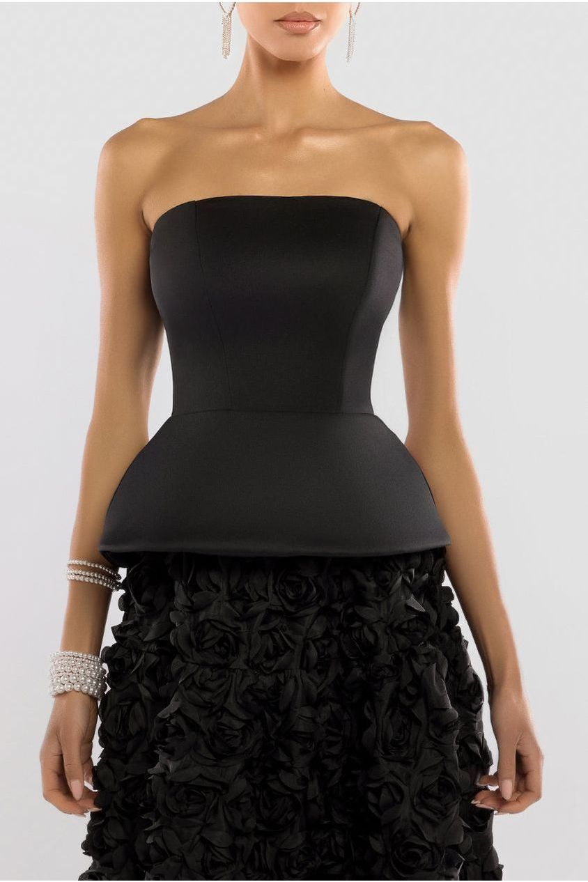 Goddiva Scuba Boobtube Peplum Corset With 3D Floral Mesh Skirt - Black