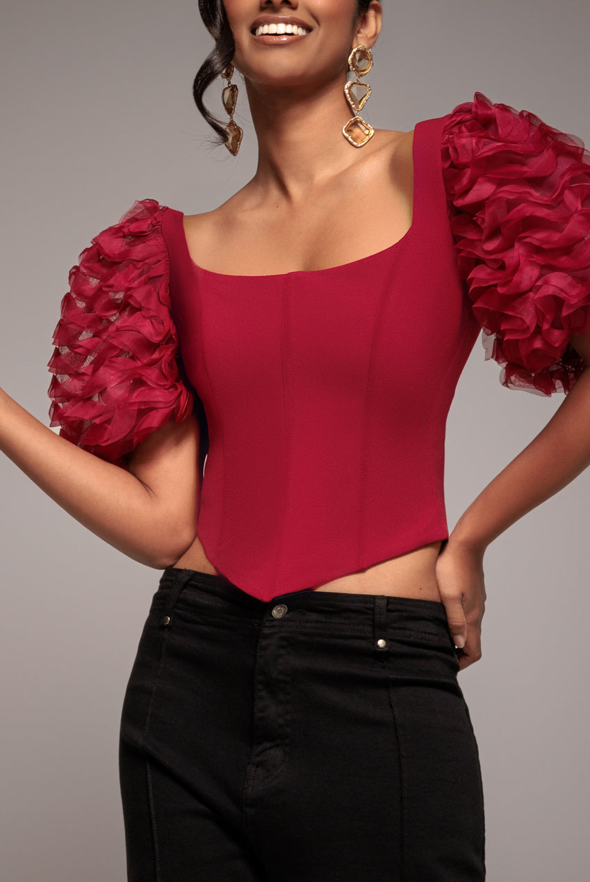 Goddiva 3D Textured Sleeve Scuba Corset Top - Burgundy