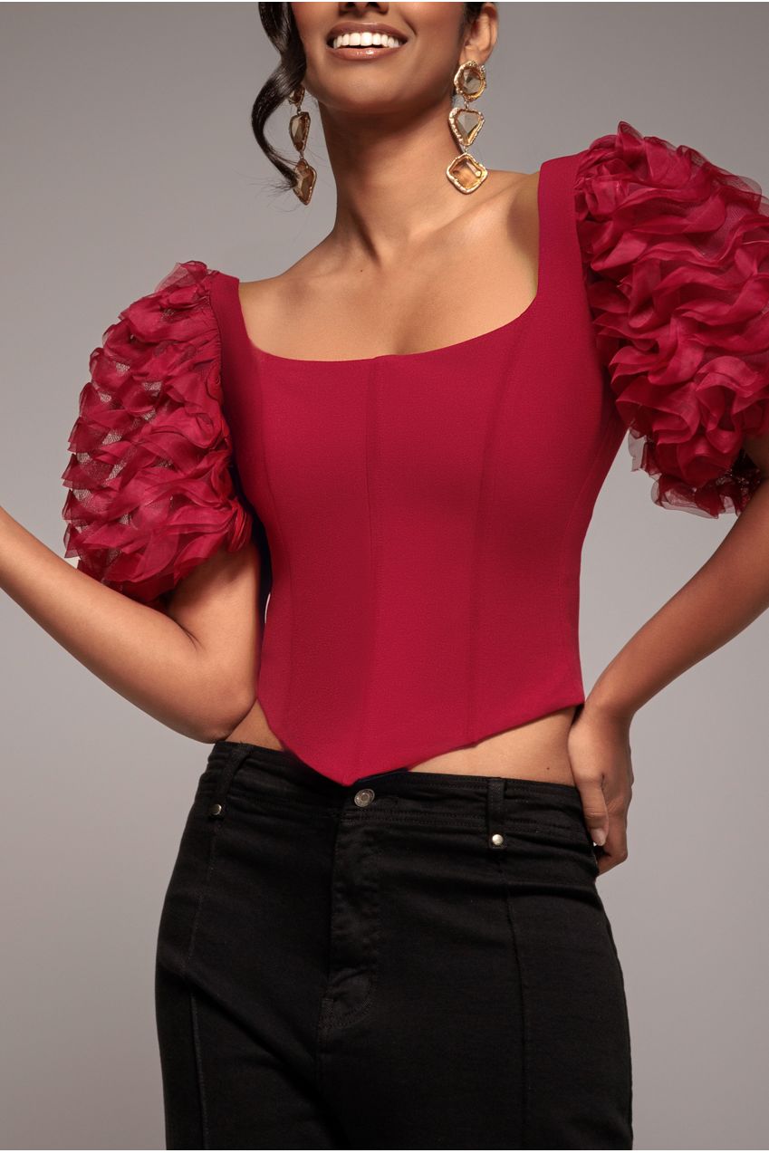 Goddiva 3D Textured Sleeve Scuba Corset Top - Burgundy