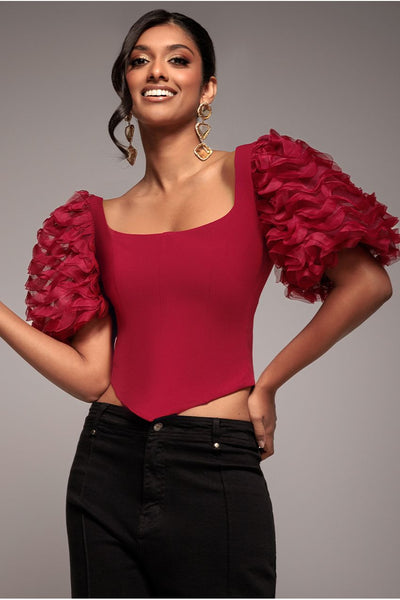 BurgundyRed - Goddiva 3D Textured Sleeve Scuba Corset Top - Burgundy