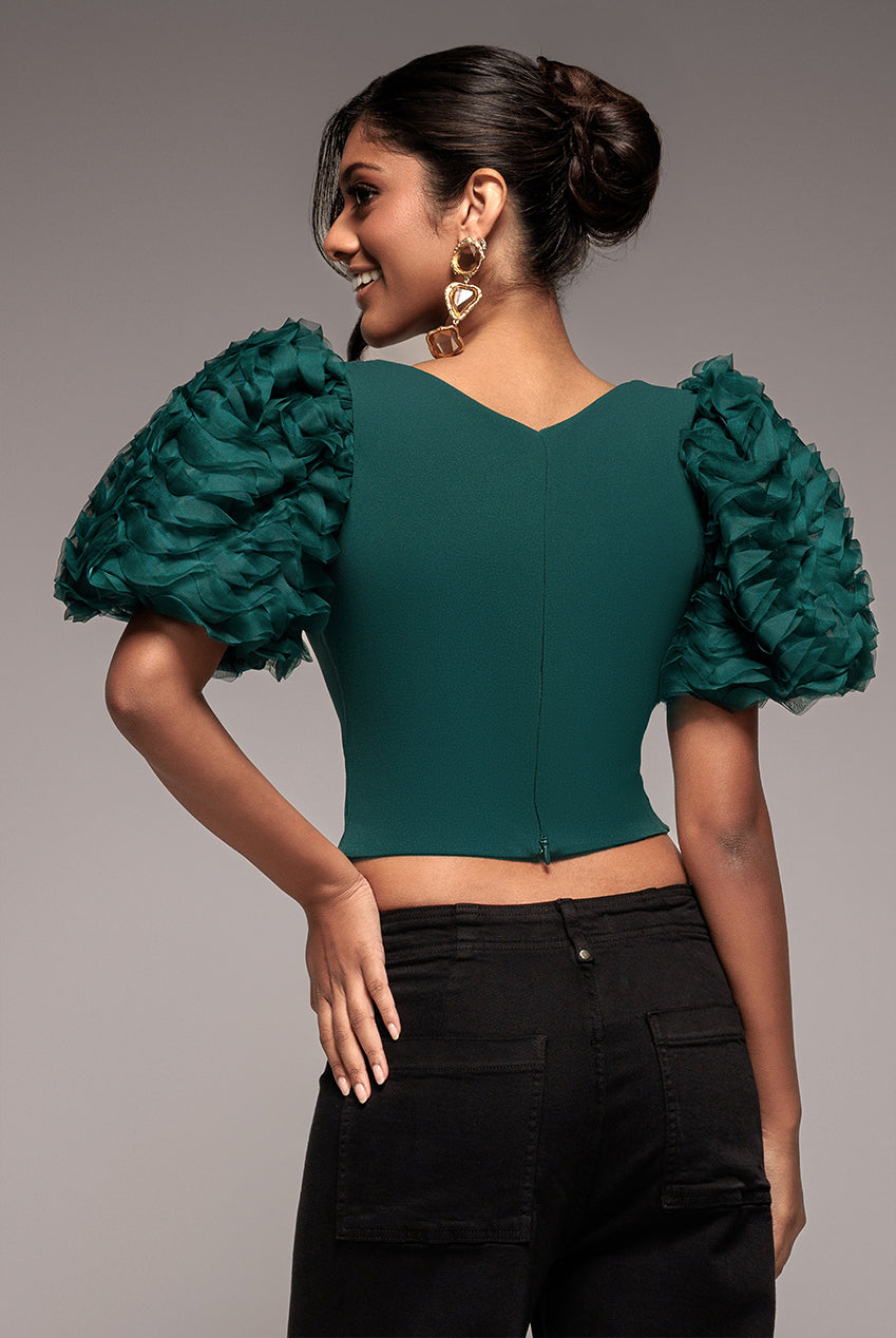 Goddiva 3D Textured Sleeve Scuba Corset Top - Emerald Green