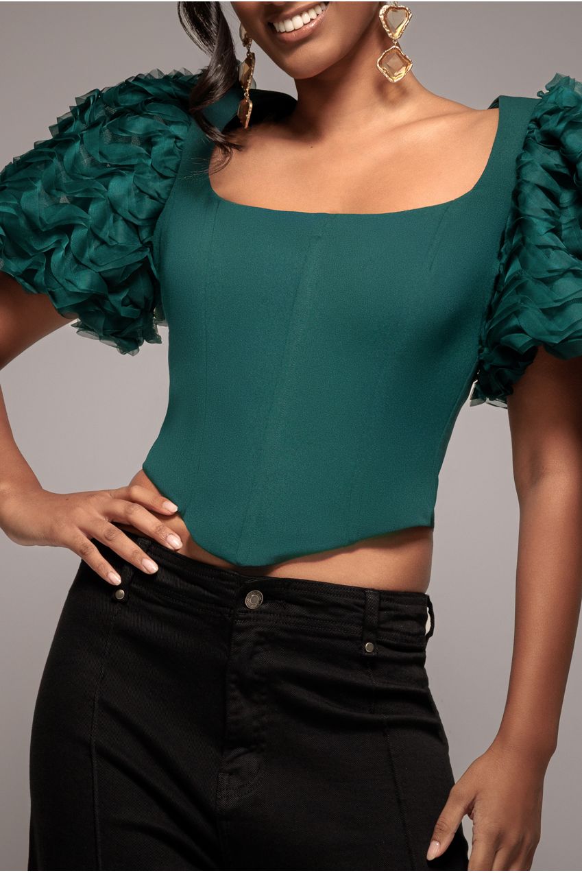 Goddiva 3D Textured Sleeve Scuba Corset Top - Emerald Green