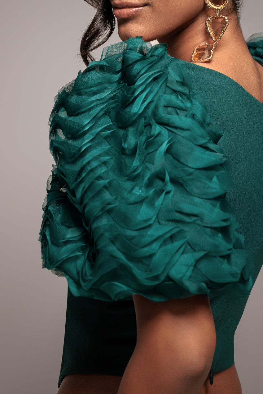 Goddiva 3D Textured Sleeve Scuba Corset Top - Emerald Green