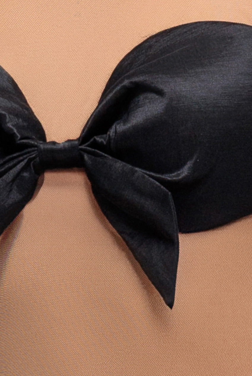 Goddiva Nude Mesh Sleeveless Taffeta Bow Top - Black