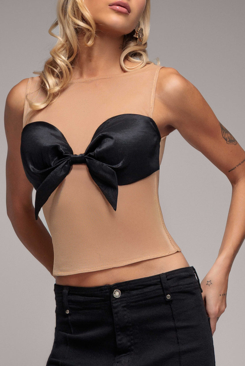 Goddiva Nude Mesh Sleeveless Taffeta Bow Top - Black