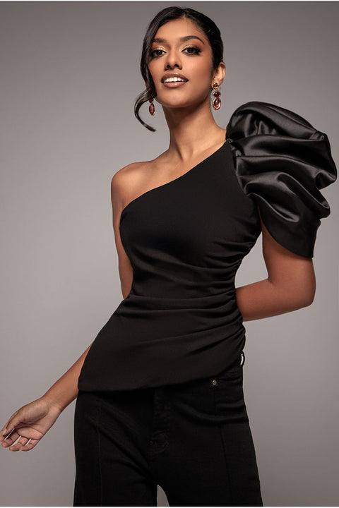 Goddiva One Shoulder Puffed Satin Sleeve Asymmetric Scuba Top - Black