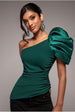 Goddiva One Shoulder Puffed Satin Sleeve Asymmetric Scuba Top - Emerald Green