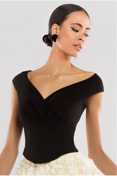 Black - Goddiva Front Pleated Wrap Off The Shoulder Corset