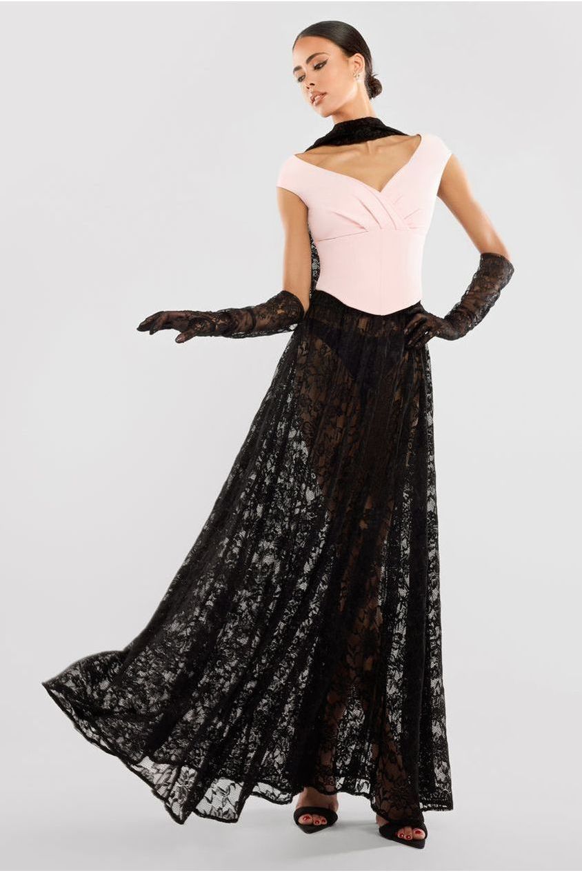 Goddiva Front Pleated Wrap Off The Shoulder Corset With Lace A-Line Skirt With Scarf & Gloves - Pink & Black