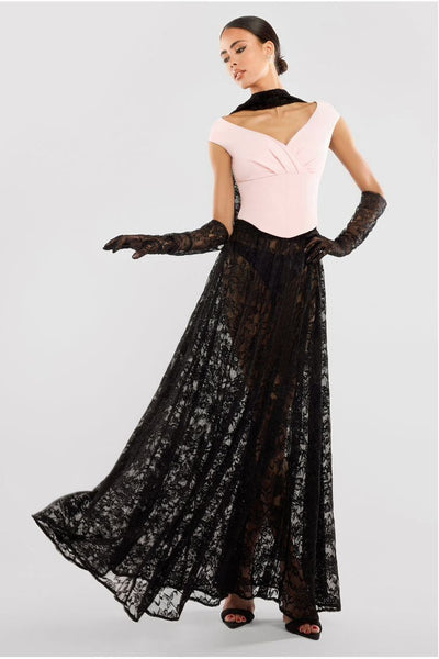 Black - Goddiva Floral Lace A-Line Maxi Skirt