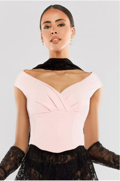 BlushPink - Goddiva Front Pleated Wrap Off The Shoulder Corset
