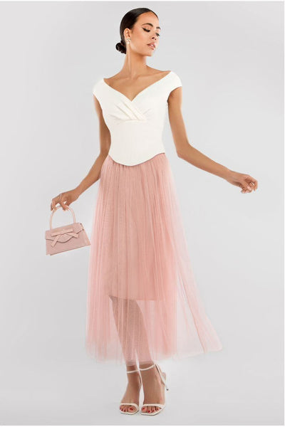Blush - Goddiva Tulle Gathered Midaxi Skirt