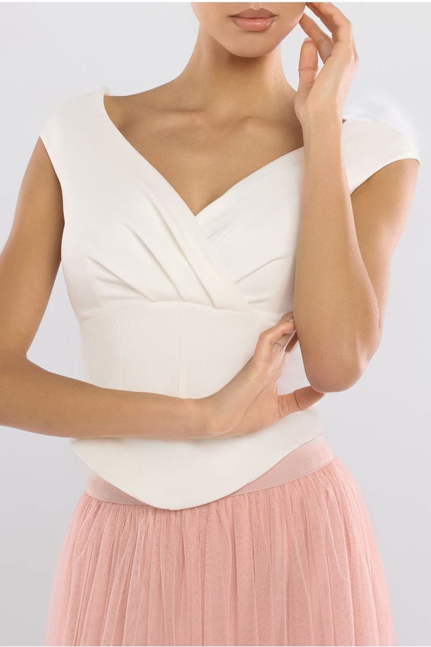 Goddiva Front Pleated Wrap Off The Shoulder Corset With Tulle Gathered Midaxi Skirt  Cream & Blush