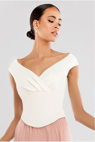 Cream - Goddiva Front Pleated Wrap Off The Shoulder Corset