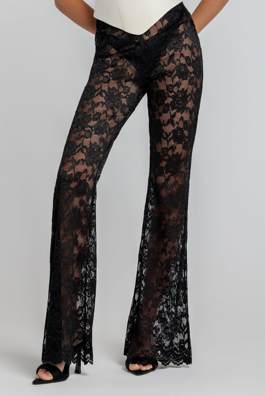 Goddiva Bootcut Scalloped Lace Pant - Black