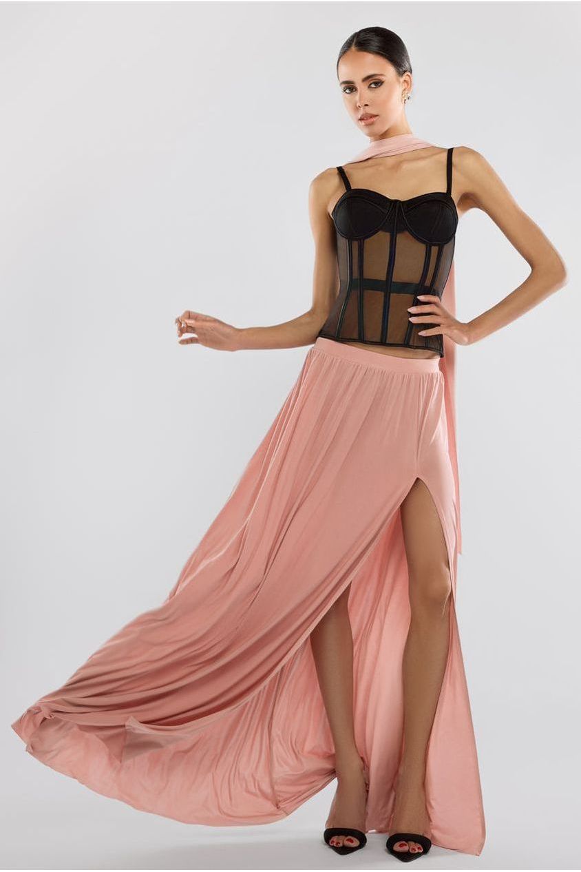 Goddiva Sheer Panel Mesh Corset & Side Split Jersey Maxi Skirt & Scarf Black & Blush Pink