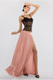 Goddiva Sheer Panel Mesh Corset & Side Split Jersey Maxi Skirt & Scarf Black & Blush Pink