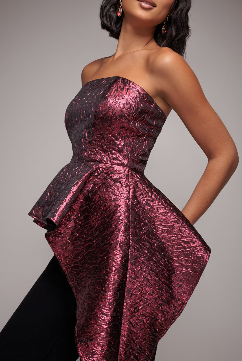 Goddiva Boob Tube Jacquard Top With Asymmetric Peplum Frill - Burgundy Red