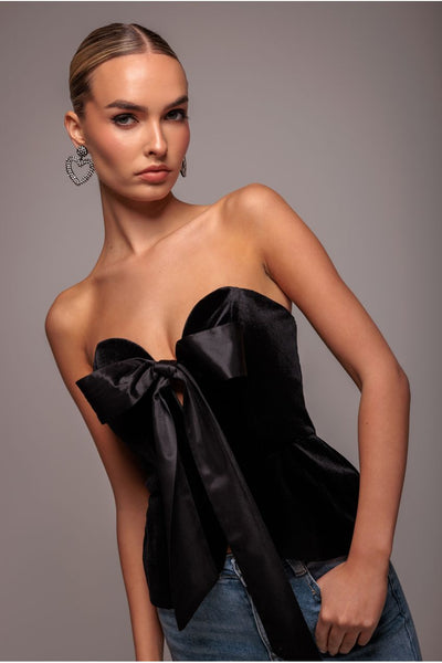 Black - Goddiva Plunging Sweetheart Strapless Peplum Velvet & Satin Corset - Black