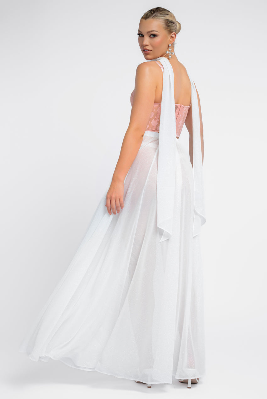 Goddiva Textured Floral Mesh Corset Gathered A-Line Glitter Chiffon Maxi Skirt With Jersey Scarf & Diamante Embellished Mesh Gloves - Blush & Cream