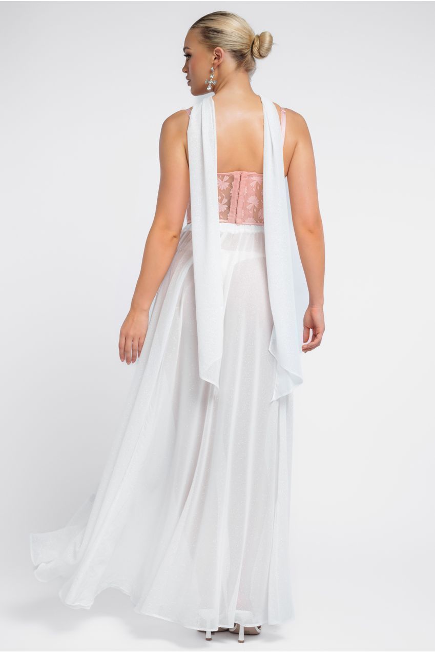 Goddiva Textured Floral Mesh Corset Gathered A-Line Glitter Chiffon Maxi Skirt With Jersey Scarf & Diamante Embellished Mesh Gloves - Blush & Cream