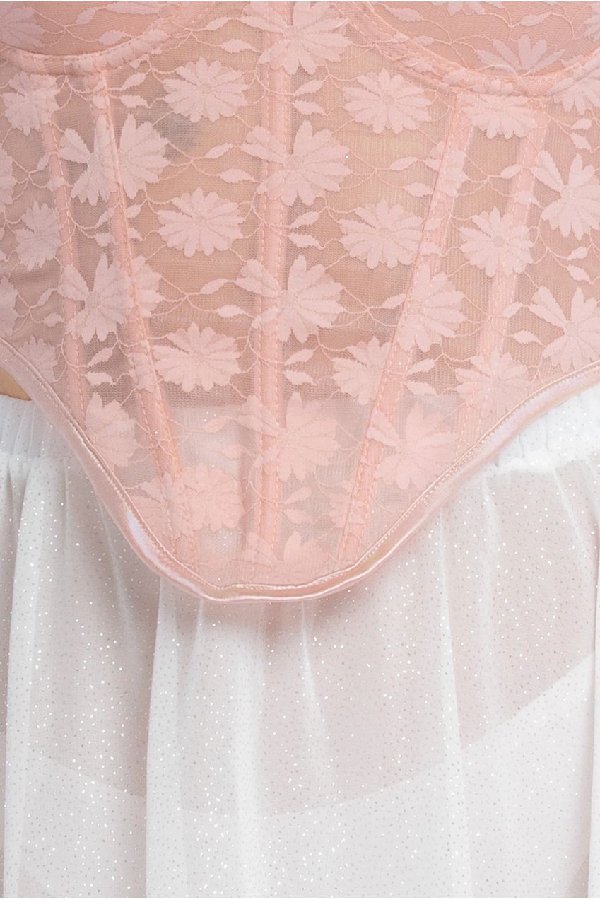 Goddiva Textured Floral Mesh Corset Gathered A-Line Glitter Chiffon Maxi Skirt With Jersey Scarf & Diamante Embellished Mesh Gloves - Blush & Cream