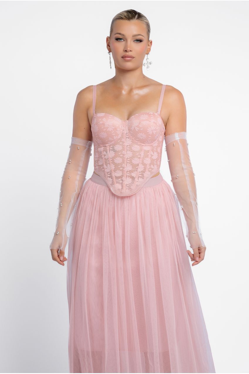 Goddiva Textured Floral Mesh Corset Tulle Gathered Midaxi Skirt With Jersey Scarf & Embellished Fingerless Mesh Gloves - Blush