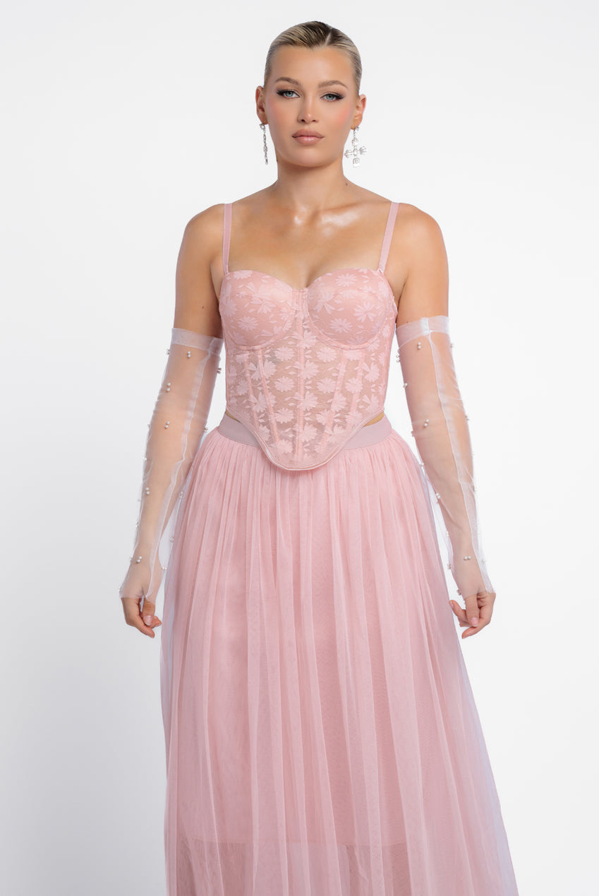 Goddiva Textured Floral Mesh Corset Tulle Gathered Midaxi Skirt With Jersey Scarf & Embellished Fingerless Mesh Gloves - Blush