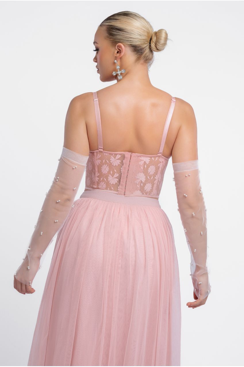 Goddiva Textured Floral Mesh Corset Tulle Gathered Midaxi Skirt With Jersey Scarf & Embellished Fingerless Mesh Gloves - Blush