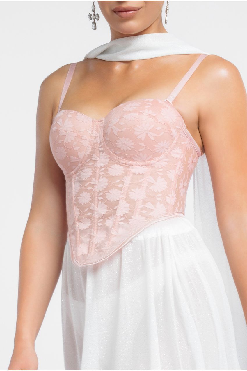 Goddiva Textured Floral Mesh Corset Gathered A-Line Glitter Chiffon Maxi Skirt With Jersey Scarf & Diamante Embellished Mesh Gloves - Blush & Cream