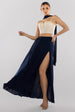 Goddiva Cropped Sleeveless Sequin Corset Side Split Jersey Maxi Skirt With Jersey Scarf - Cream & Navy