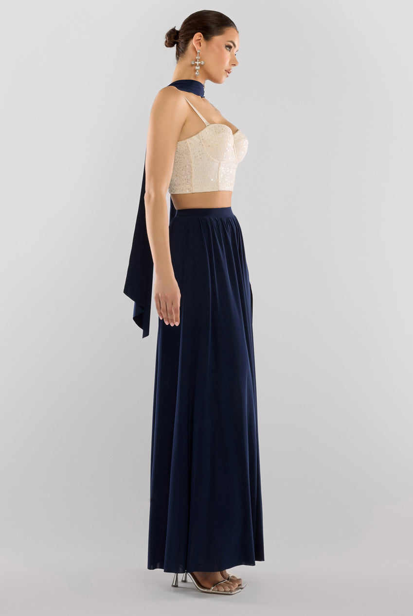 Goddiva Cropped Sleeveless Sequin Corset Side Split Jersey Maxi Skirt With Jersey Scarf - Cream & Navy