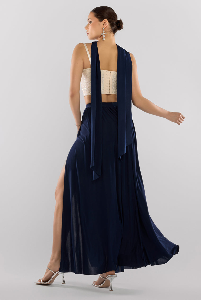 Goddiva Cropped Sleeveless Sequin Corset Side Split Jersey Maxi Skirt With Jersey Scarf - Cream & Navy