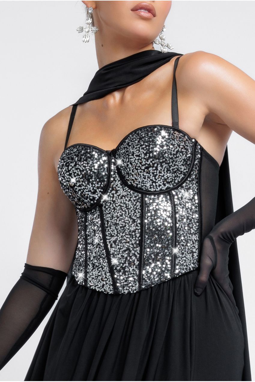 Goddiva Sequin Corset Side Split Jersey Maxi Skirt With Scarf &  Stretch Mesh Gloves - Black & Silver