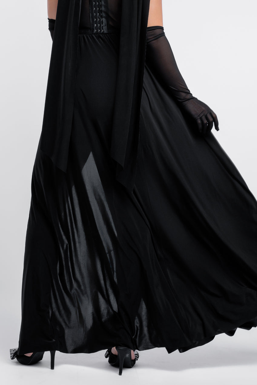 Goddiva Sequin Corset Side Split Jersey Maxi Skirt With Scarf &  Stretch Mesh Gloves - Black & Silver