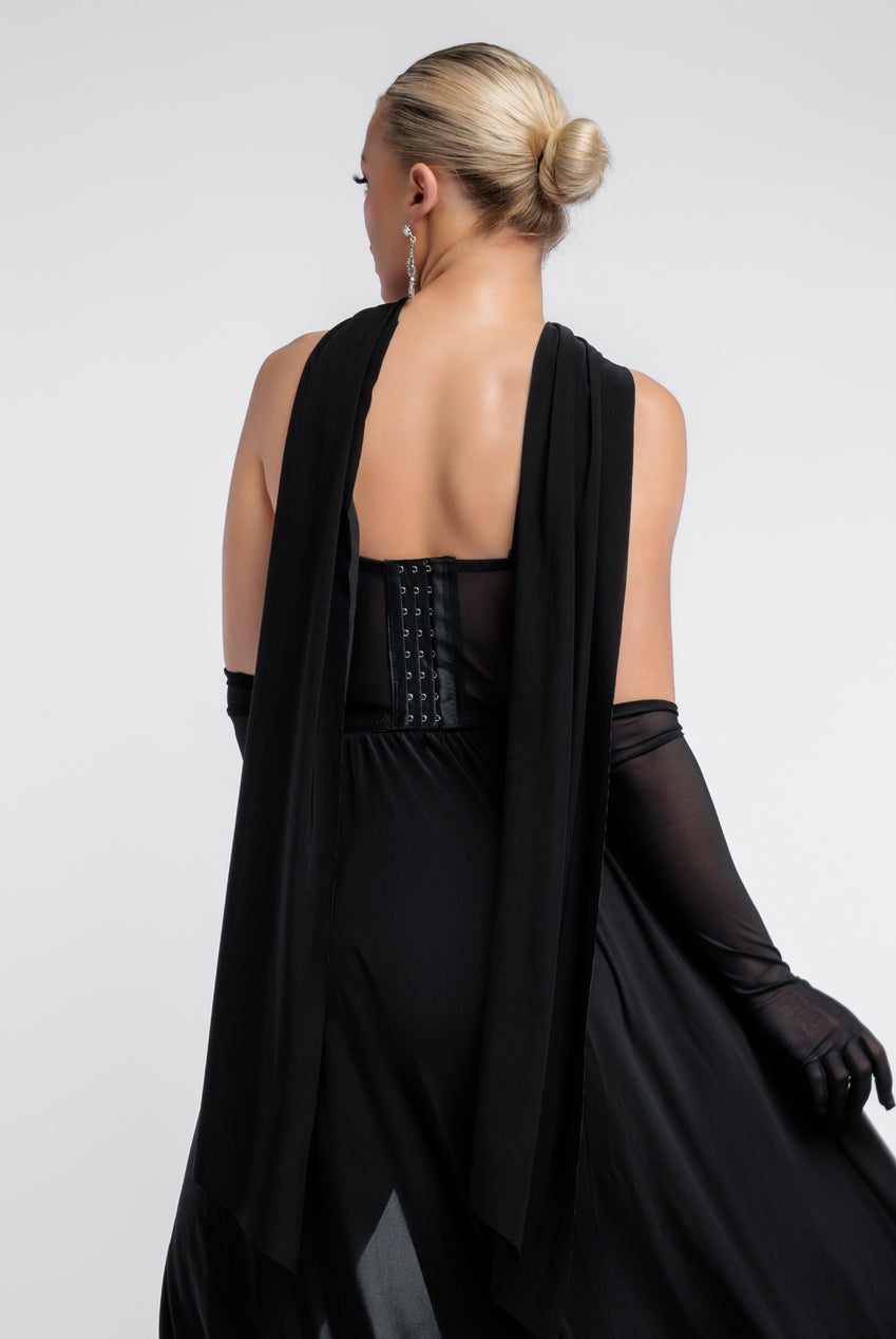 Goddiva Sequin Corset Side Split Jersey Maxi Skirt With Scarf &  Stretch Mesh Gloves - Black & Silver
