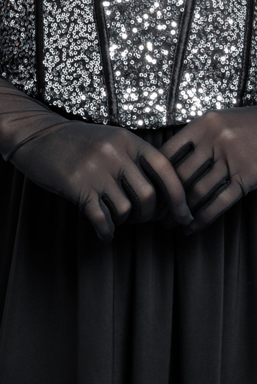 Goddiva Sequin Corset Side Split Jersey Maxi Skirt With Scarf &  Stretch Mesh Gloves - Black & Silver