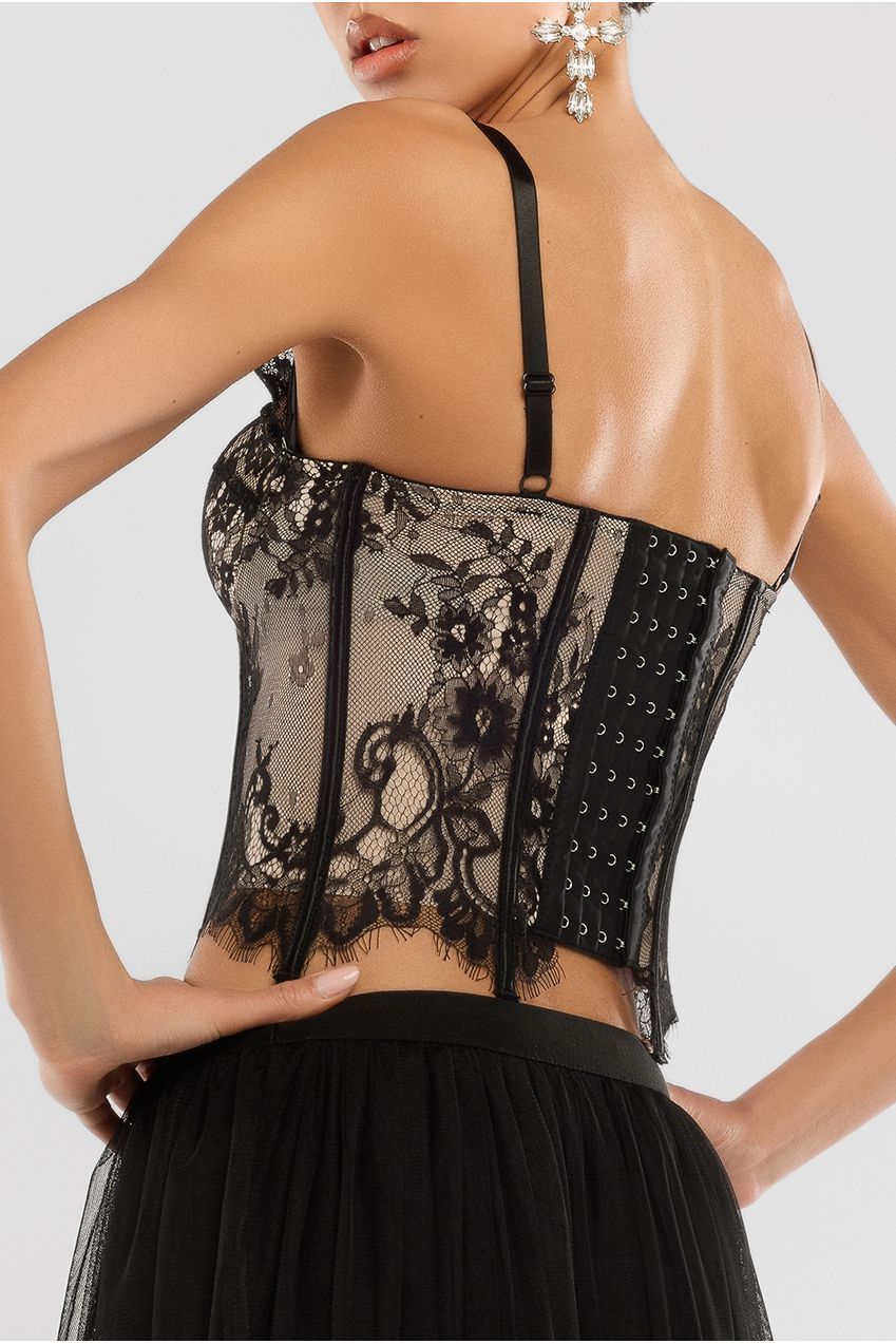 Goddiva Cropped Lace Corset Tulle Gathered Midaxi Skirt With Embroidered Stretch Mesh Gloves & Jersey Scarf - Black