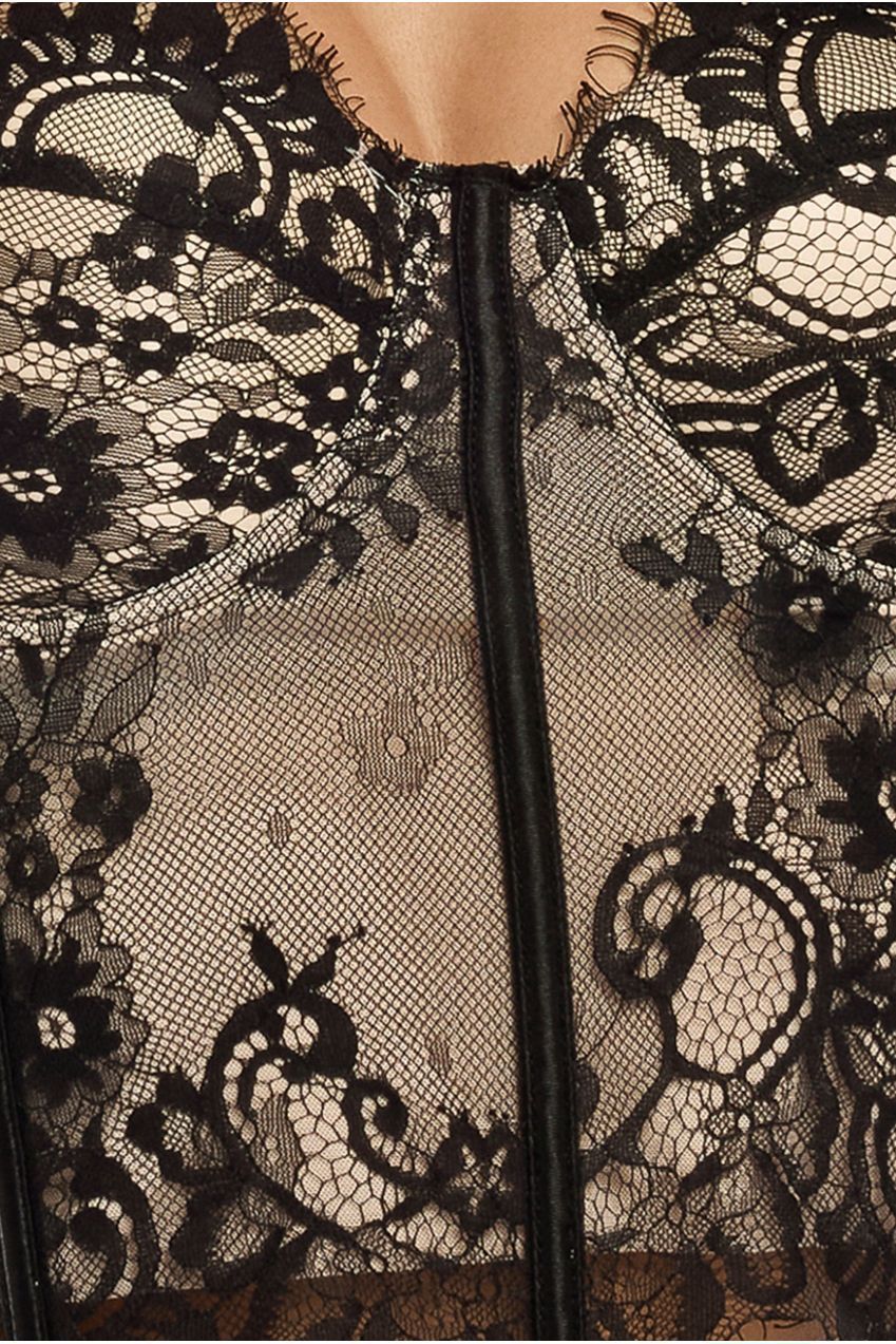 Goddiva Cropped Lace Corset Tulle Gathered Midaxi Skirt With Embroidered Stretch Mesh Gloves & Jersey Scarf - Black