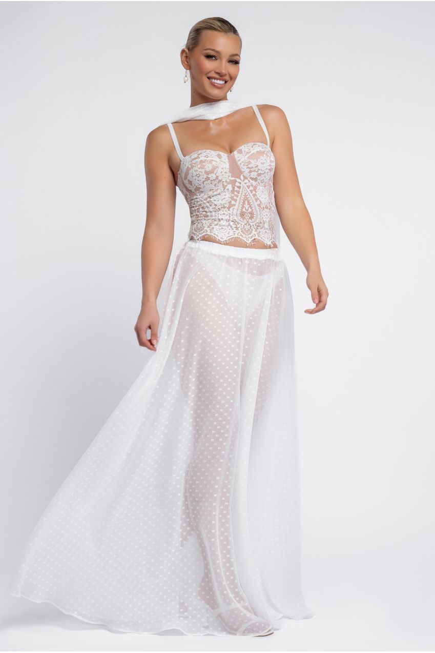Goddiva Embroidered Lace Corset Polka Dobby Chiffon A-Line Maxi Skirt With Scarf & Gloves - Cream