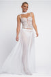Goddiva Embroidered Lace Corset Polka Dobby Chiffon A-Line Maxi Skirt With Scarf & Gloves - Cream