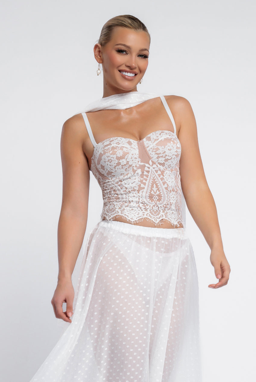 Goddiva Embroidered Lace Corset Polka Dobby Chiffon A-Line Maxi Skirt With Scarf & Gloves - Cream