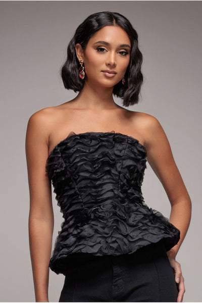 Black - Goddiva Peplum 3D Textured Boob Tube Lace Up Corset - Black