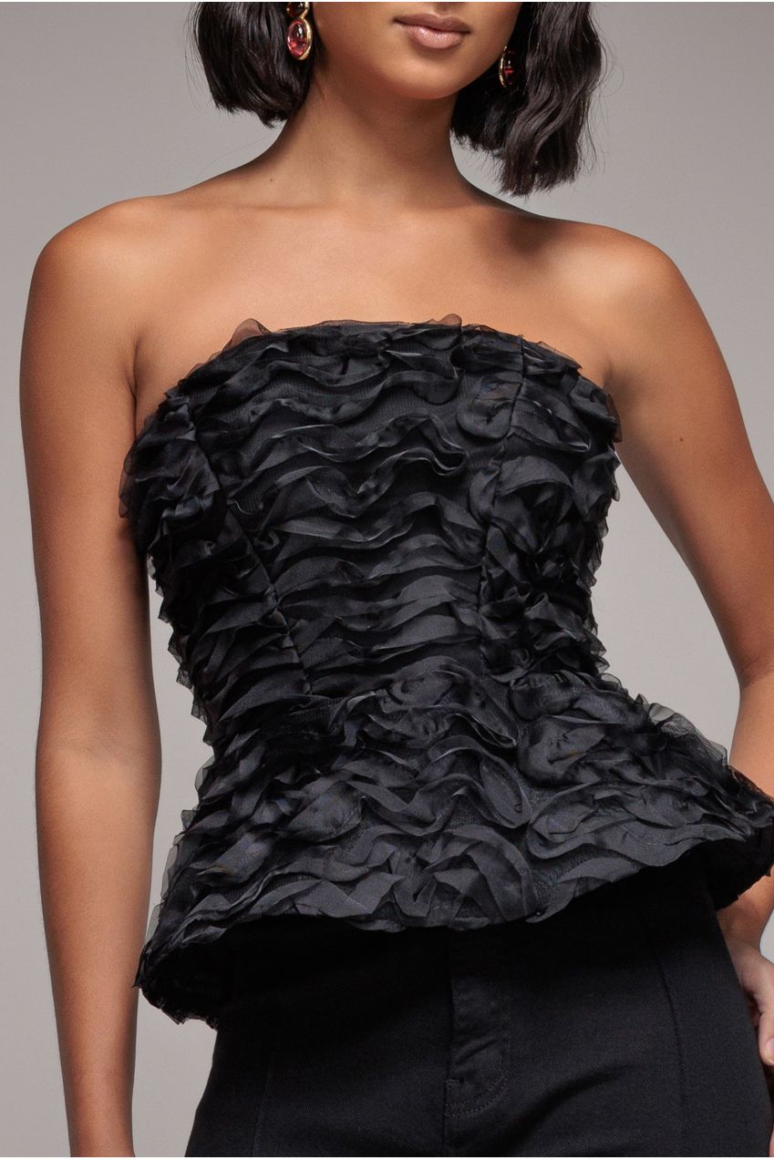 Goddiva Peplum 3D Textured Boob Tube Lace Up Corset - Black