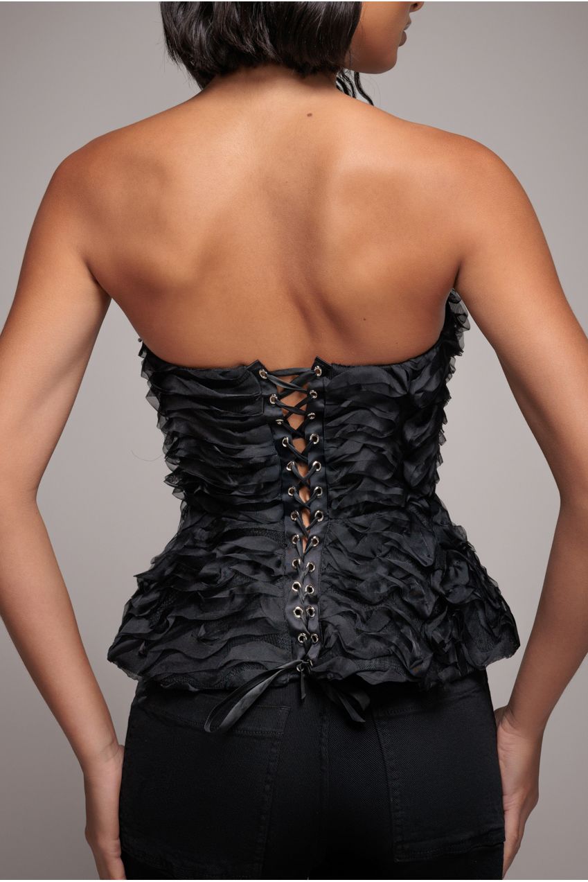 Goddiva Peplum 3D Textured Boob Tube Lace Up Corset - Black