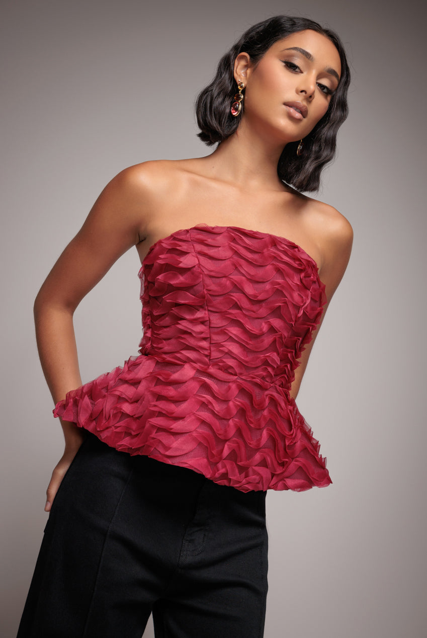 Goddiva Peplum 3D Textured Boob Tube Lace Up Corset - Burgundy