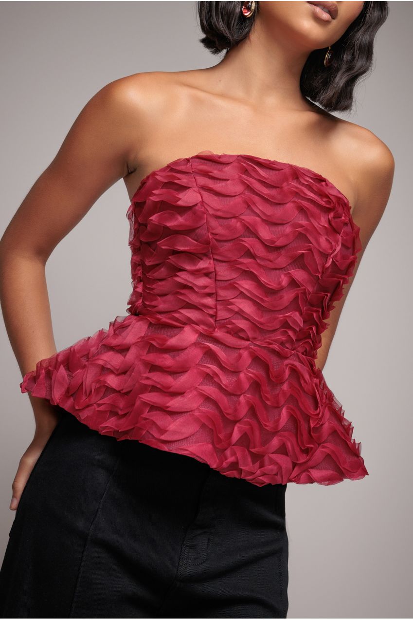 Goddiva Peplum 3D Textured Boob Tube Lace Up Corset - Burgundy