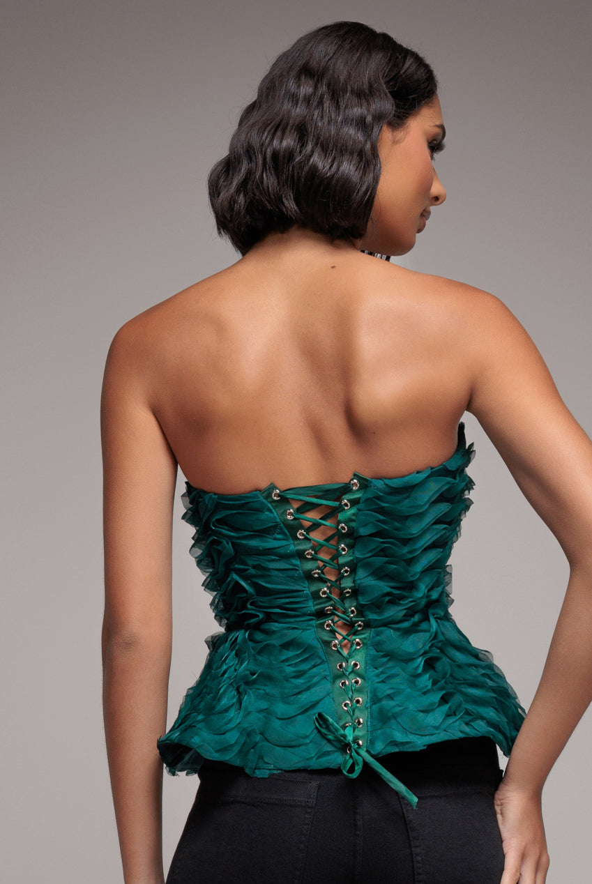 Goddiva Peplum 3D Textured Boob Tube Lace Up Corset - Emerald Green