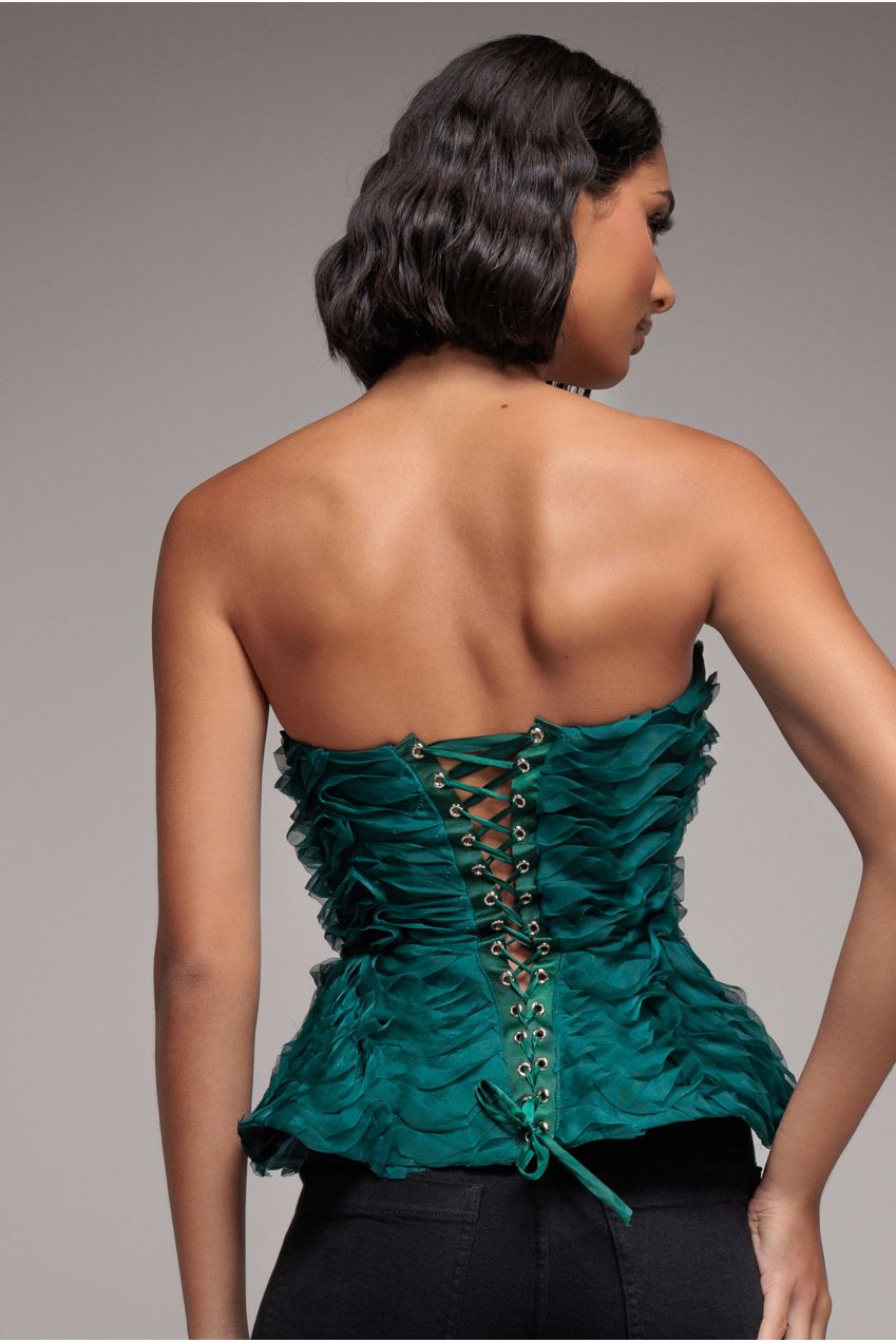 Goddiva Peplum 3D Textured Boob Tube Lace Up Corset - Emerald Green