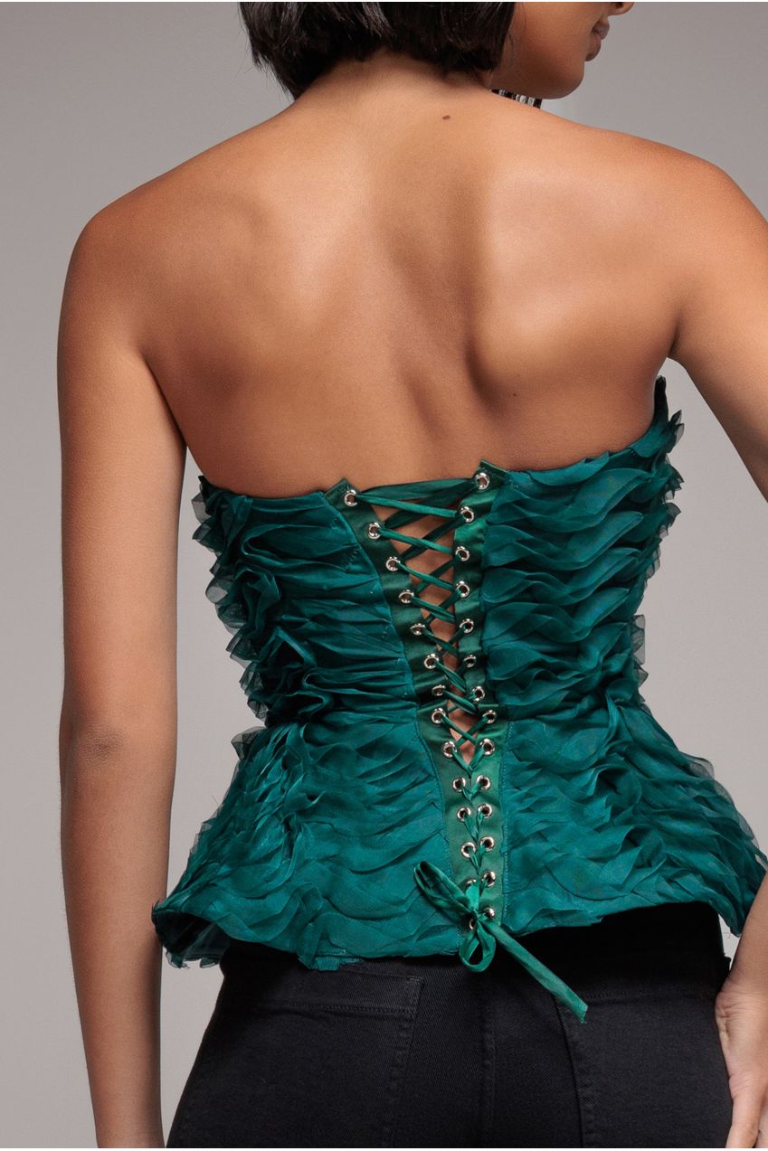 Goddiva Peplum 3D Textured Boob Tube Lace Up Corset - Emerald Green